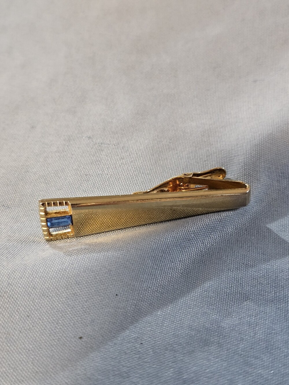 Vintage Mid-century Gold-tone Foster Tie Clip Baguette-cut Blue Stone